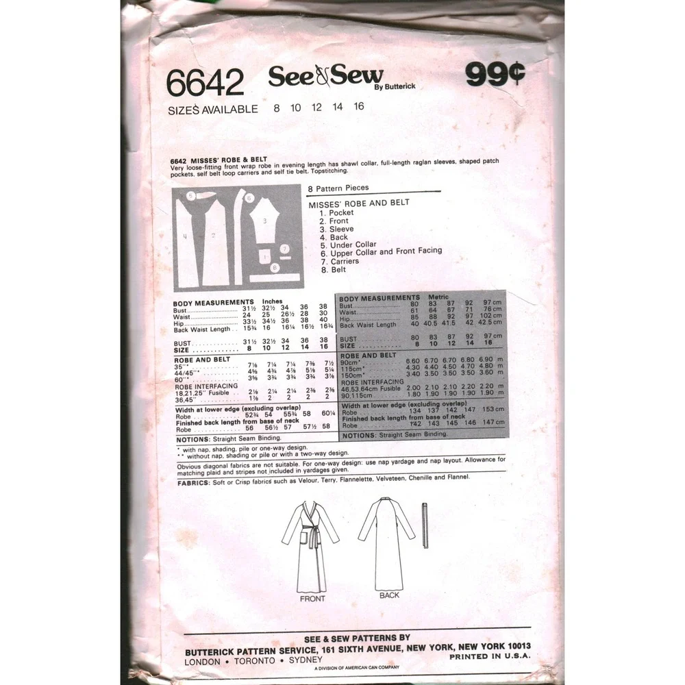 Vintage See & Sew Butterick 6642 Misses Robe Belt Sewing Pattern Size 16 Shawl